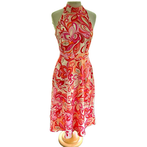 Tahari ASL Pink Orange Size 8 Dress Floral Halter Neck Retro Paisley